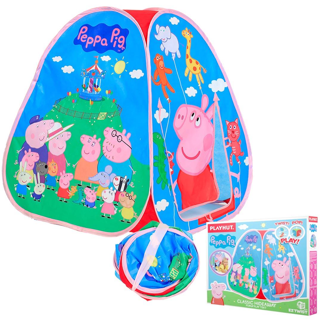 Peppa Pig Pop-Up Play Tent, shown set up, folded down, and in packaging