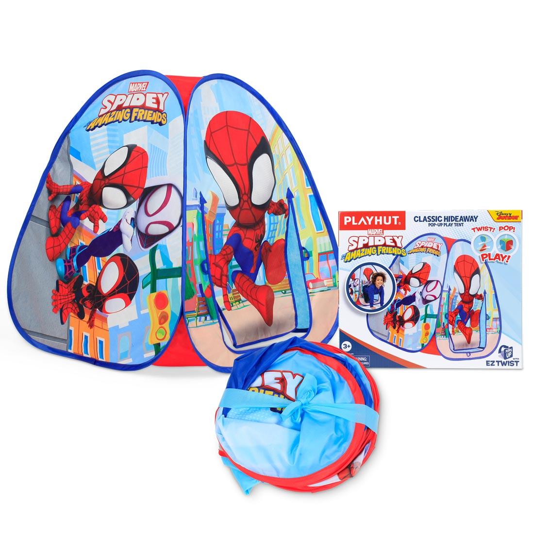 Marvel Spidey Amazing Friends Pop-Up Play Tent, shown set up, folded down and in packaging