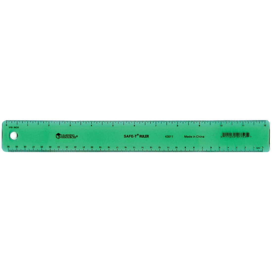 green plastic 12" ruler with rounded edges