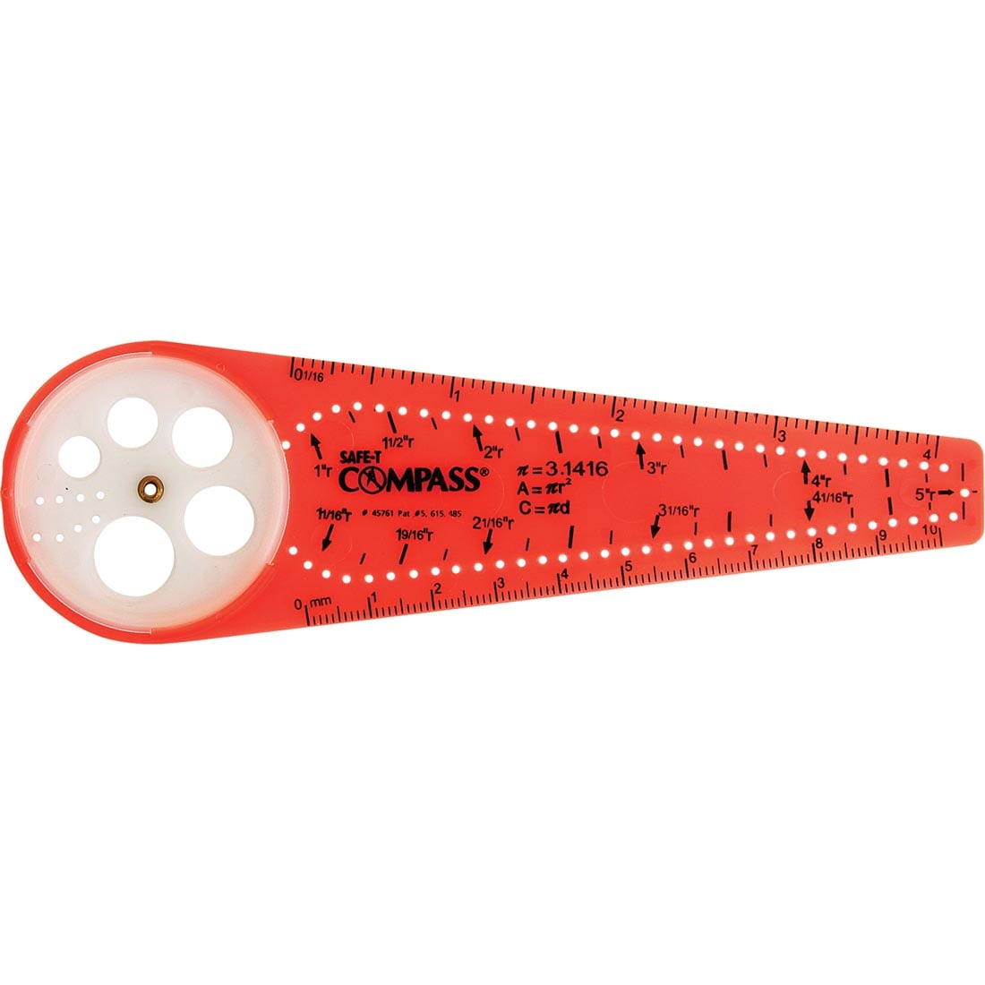 flat plastic ruler with holes punched in to help draw circles