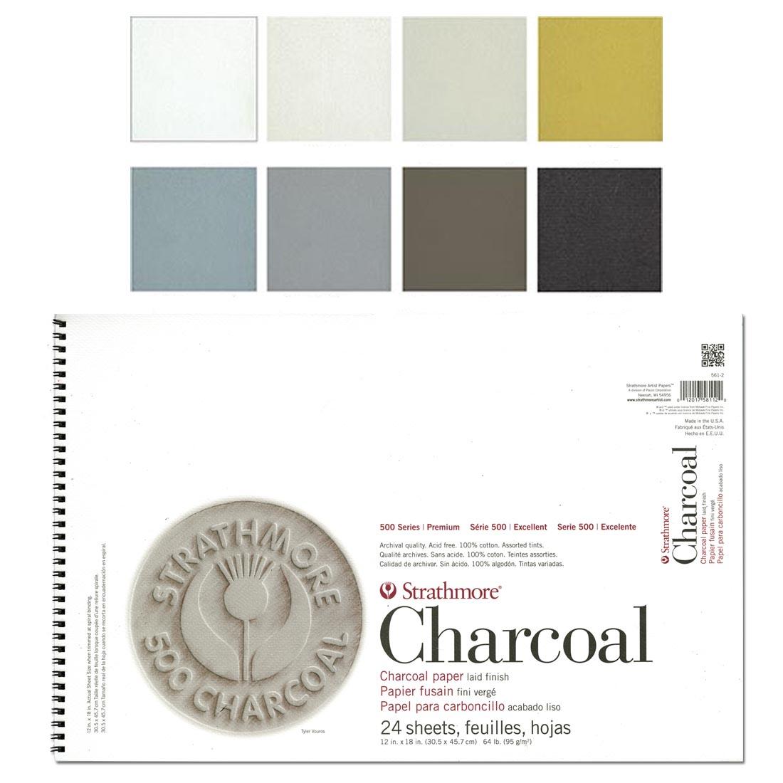 Strathmore 500 Series Charcoal/Pastel Paper Pad with swatches of the Assorted Colors above it