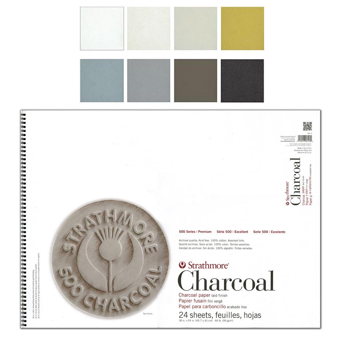 Strathmore 500 Series Charcoal/Pastel Paper Pad with swatches of the Assorted Colors above it