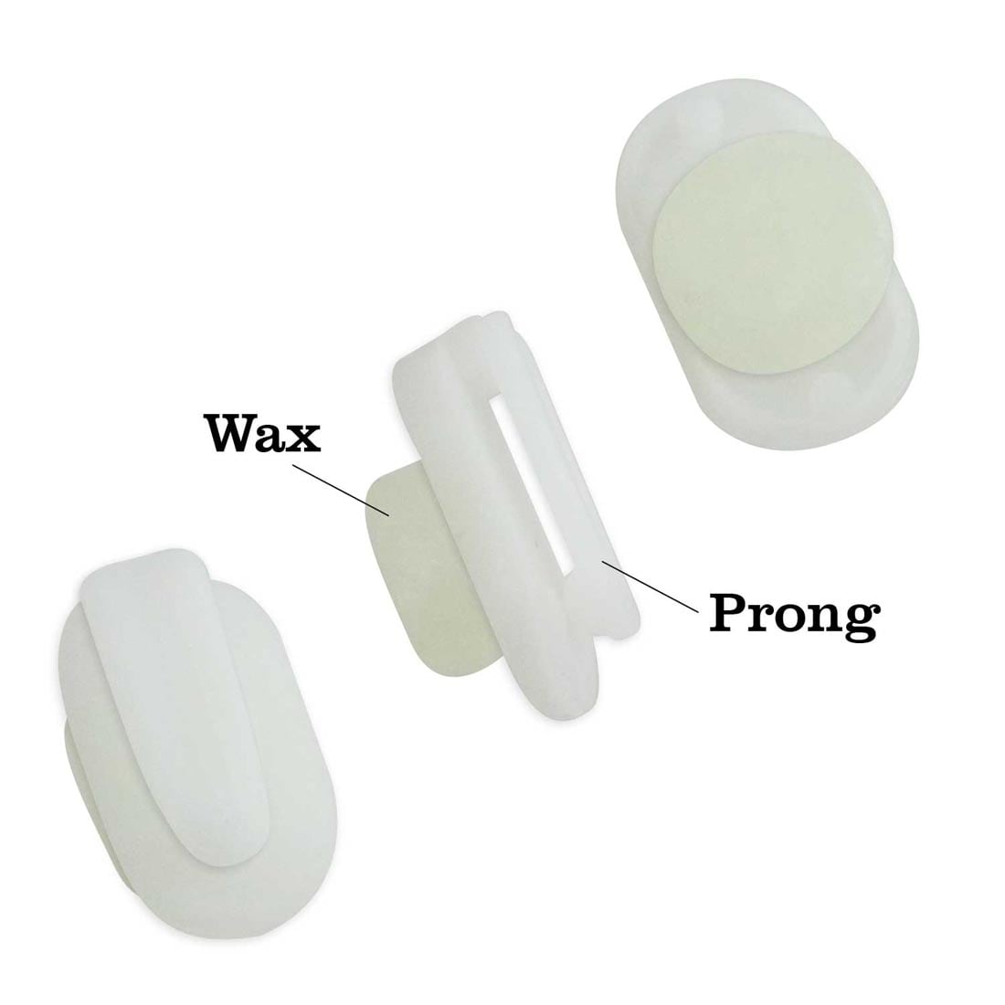 front, back and side view of white StikkiClip, with wax and prong noted on the view from the side