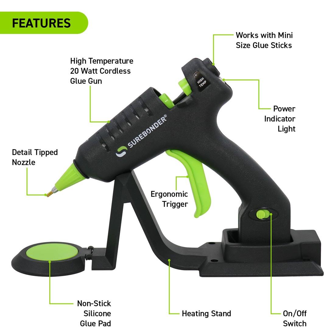 Surebonder High Temperature Cordless Detailer Mini Glue Gun with text pointing to all its features