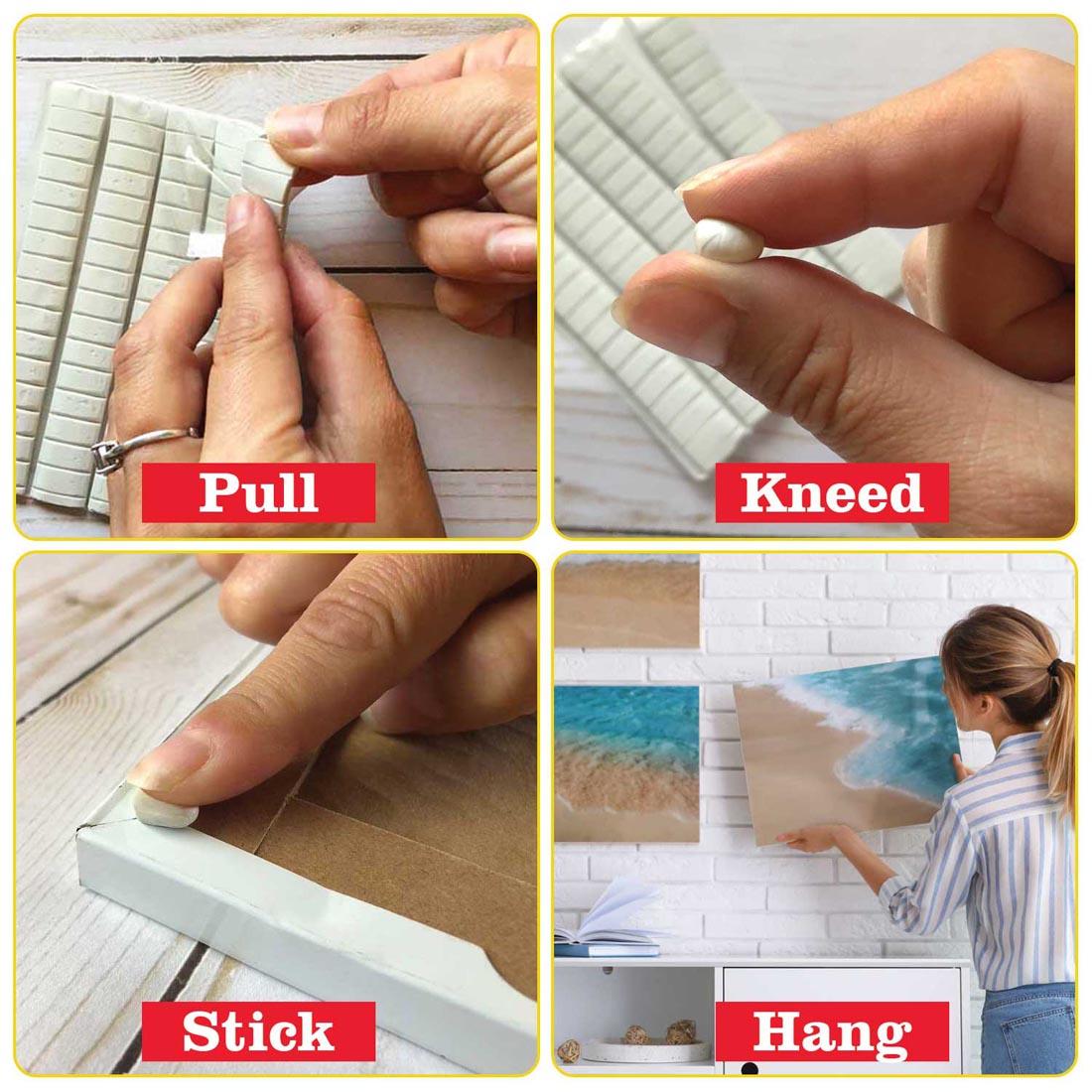 StikkiTACK Removable & Reusable Putty in use with the text Pull, Kneed, Stick, Hang