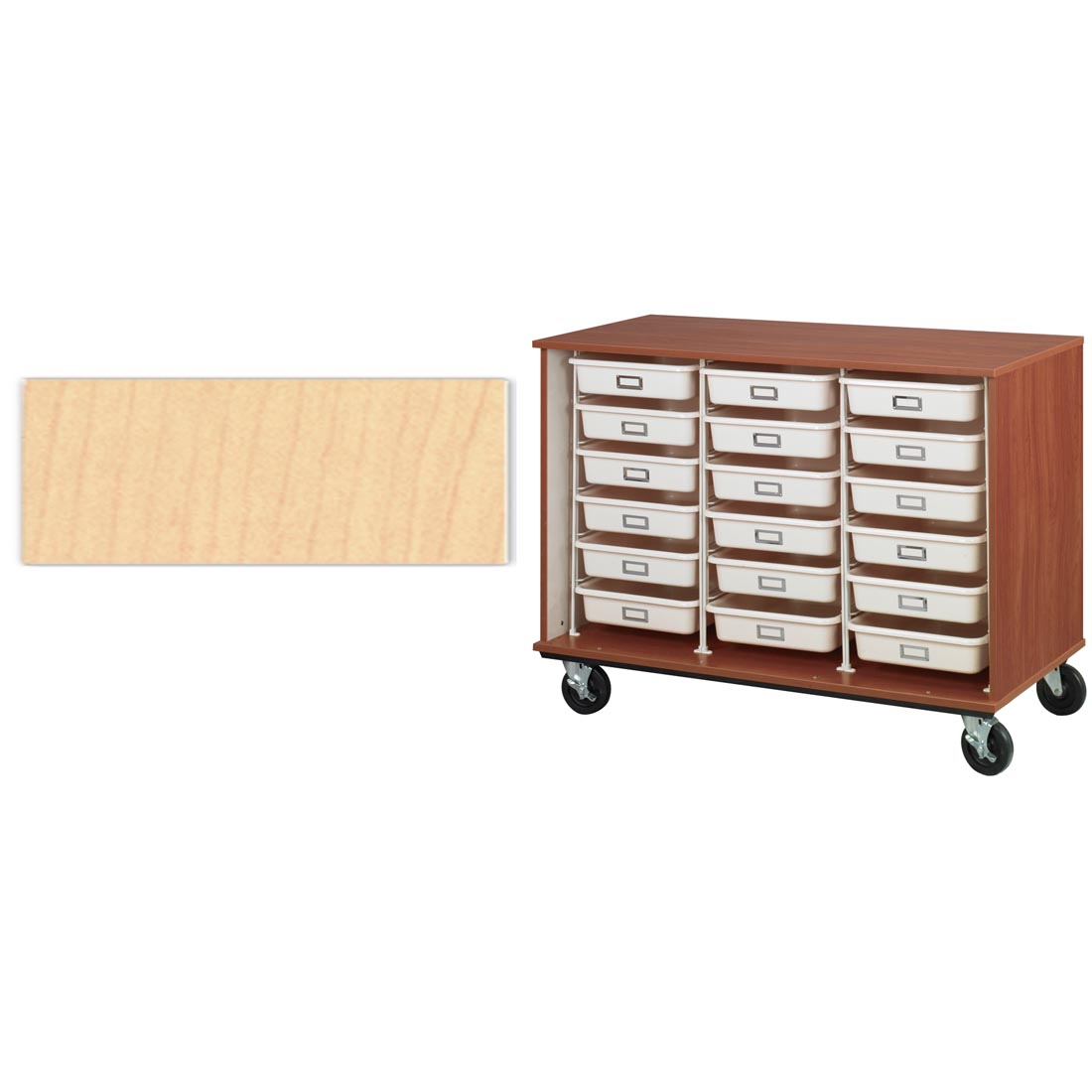maple color swatch beside a mobile cart with tote tray storage