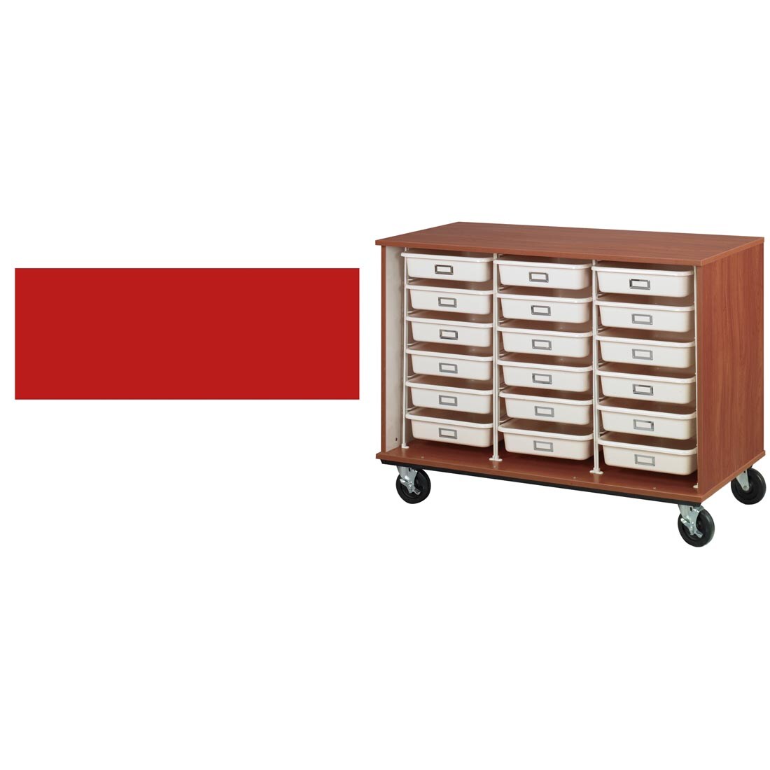 tulip red color swatch beside a mobile cart with tote tray storage