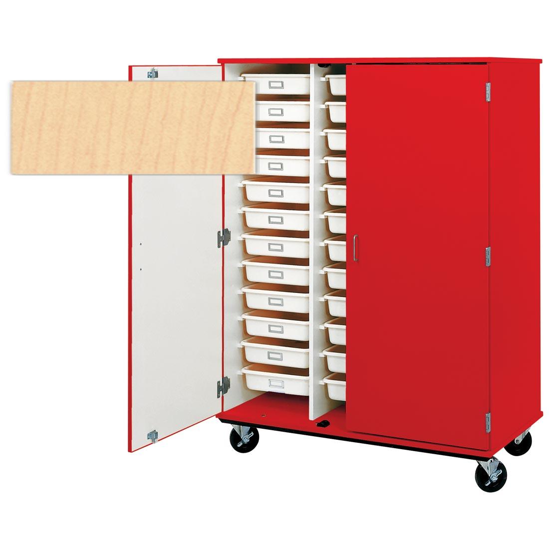 maple color swatch beside a mobile cart with tote tray storage