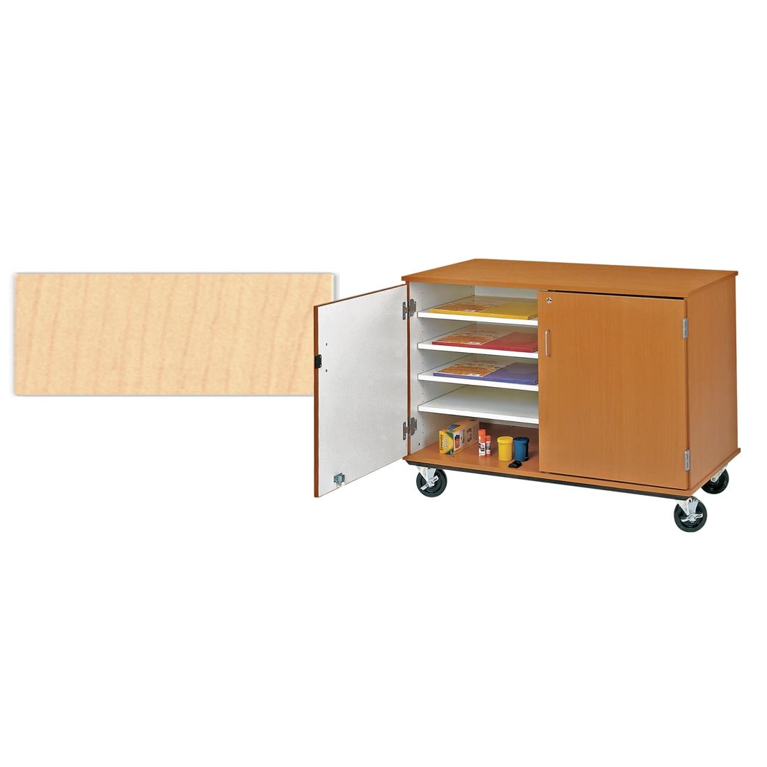 maple color swatch beside a mobile cart with adjustable shelves