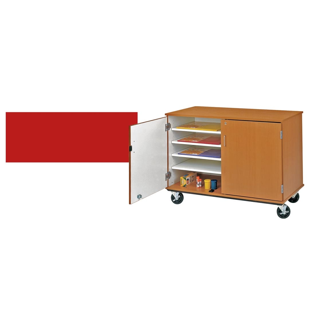 tulip red color swatch beside a mobile cart with adjustable shelves