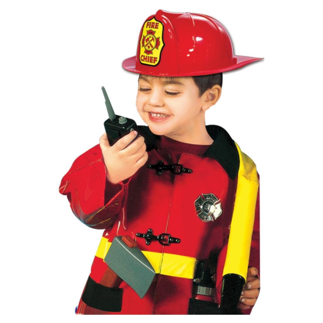 child dressed in the Fire Fighter Role Play Costume using the walkie talkie