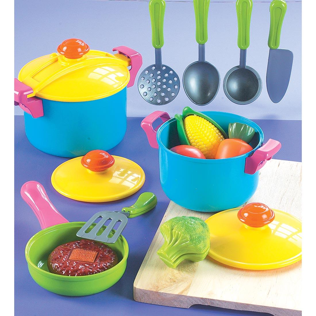 Young Chef's Toy Cookware Set shown with suggested play food additions