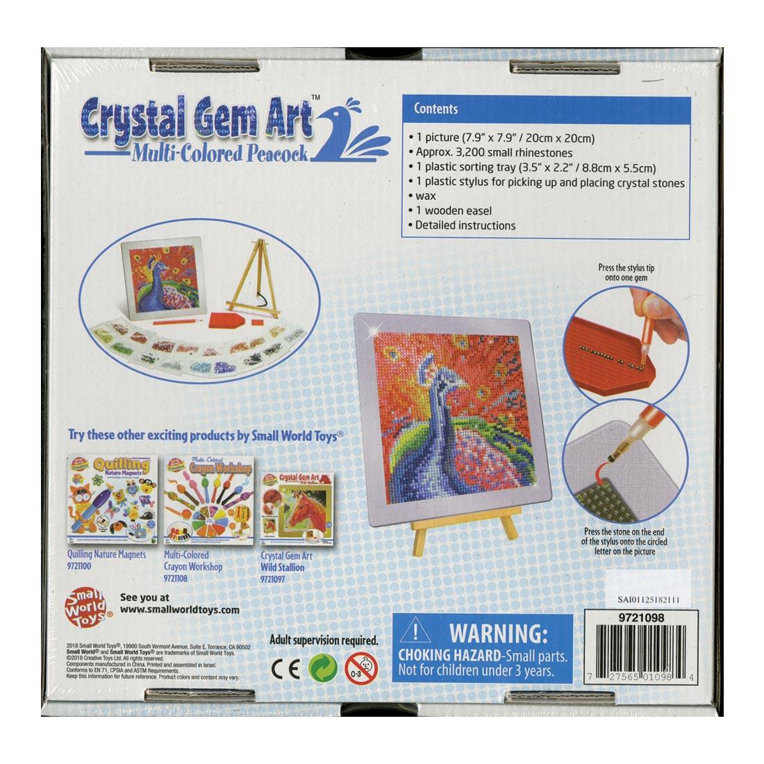 back of package of Crystal Gem Art Multi-Colored Peacock