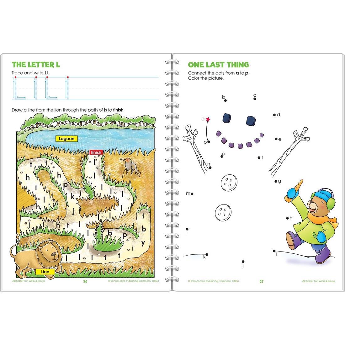 Sample pages from inside of School Zone's Alphabet Fun Write and Reuse Workbook