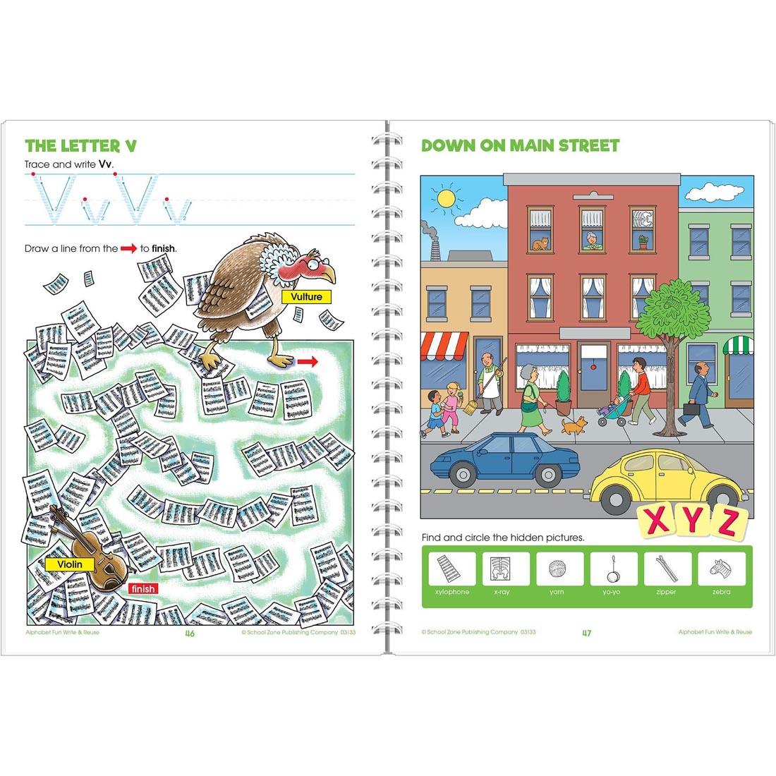 Sample pages from inside of School Zone's Alphabet Fun Write and Reuse Workbook