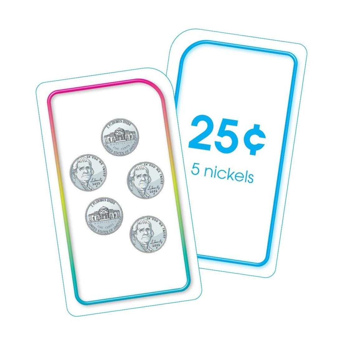 Sample double-sided money and coins flash card from School Zone Time & Money Flash Cards