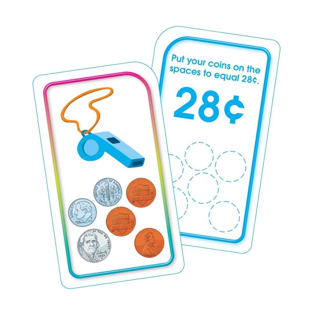 Sample double-sided money and coins flash card from School Zone Time & Money Flash Cards