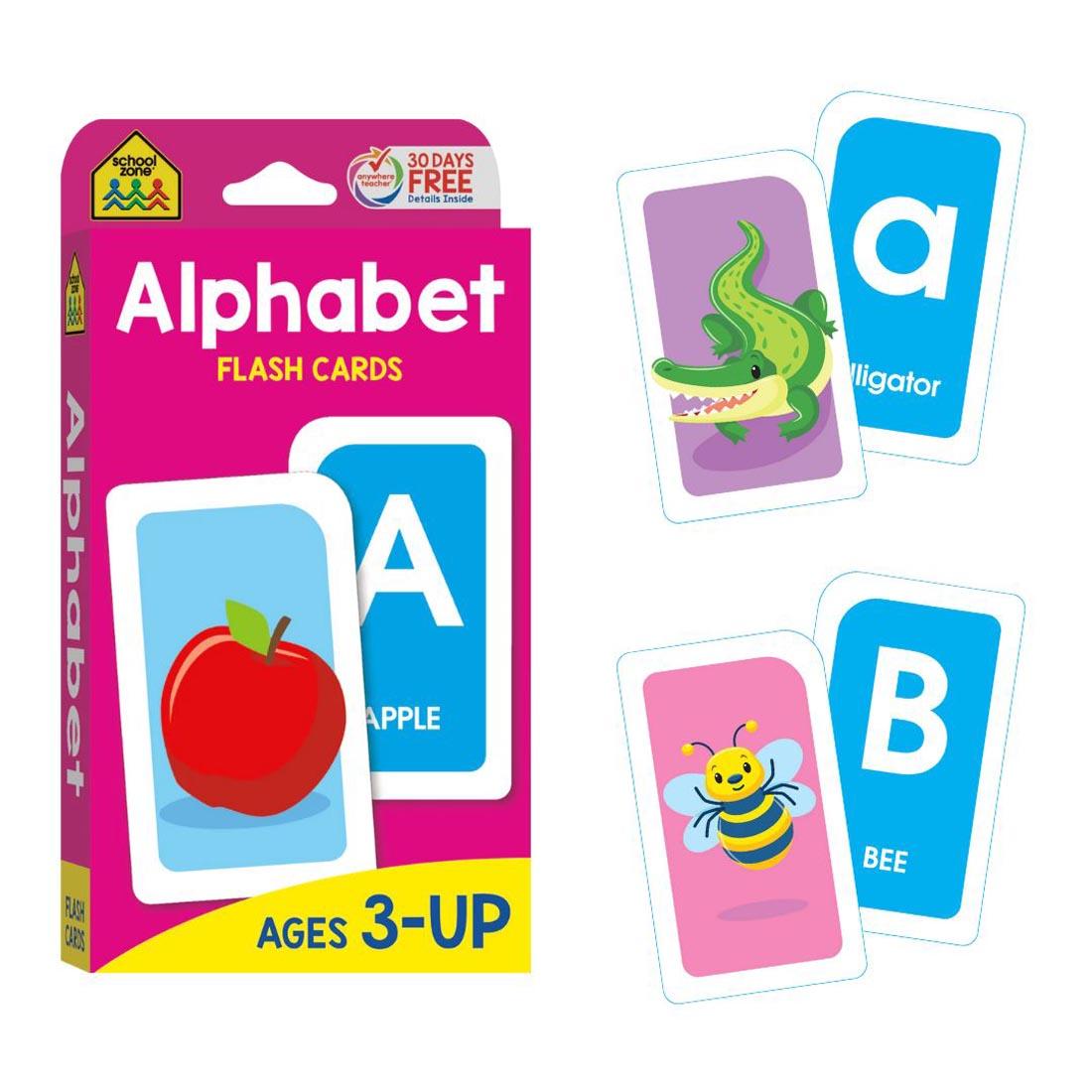 Sample double-sided flash cards beside the package of School Zone Alphabet Flash Cards