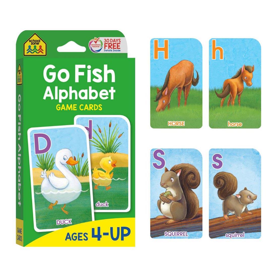 Sample cards beside the package of School Zone Go Fish Alphabet Game Cards