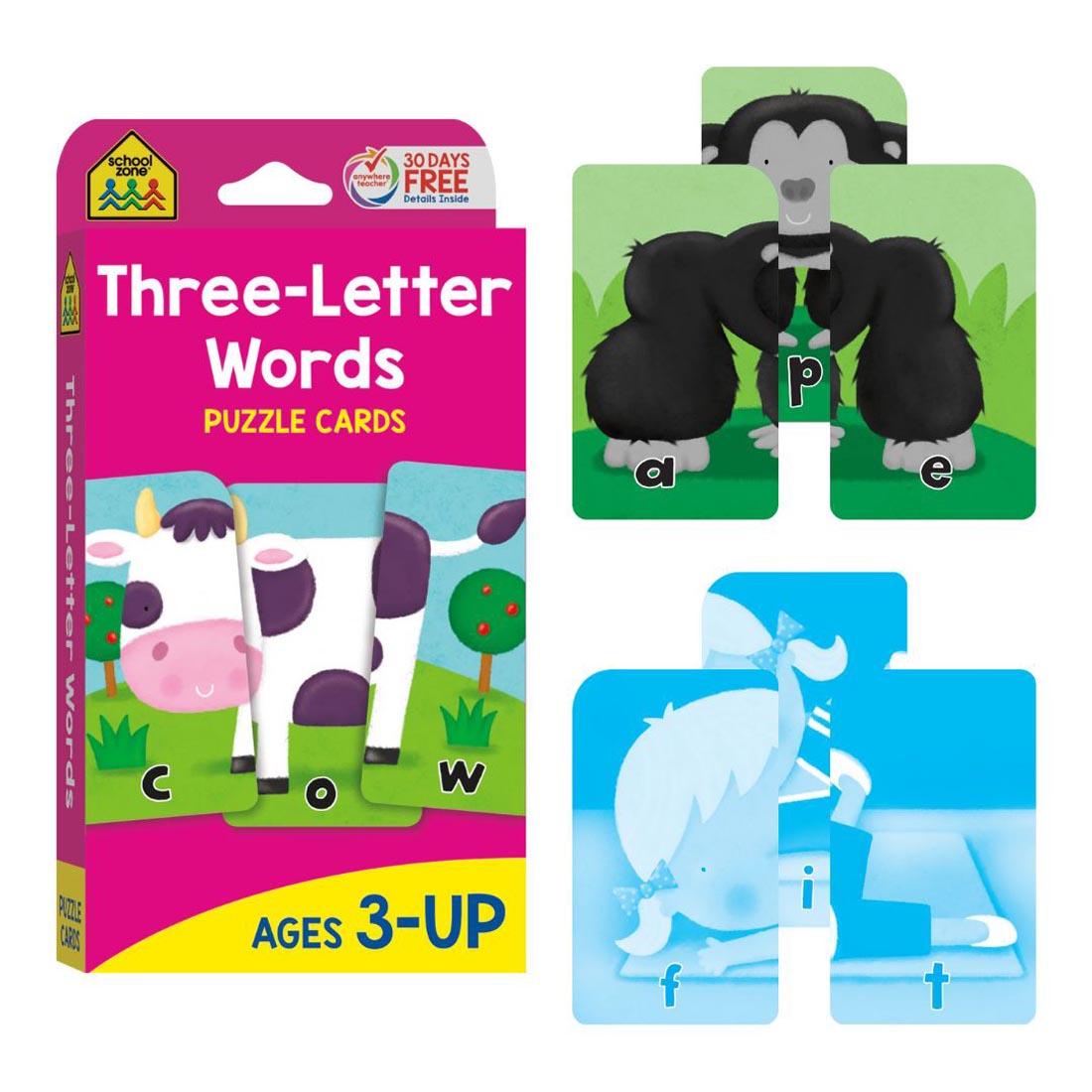 Sample double-sided cards beside the package of School Zone Three-Letter Words Puzzle Cards