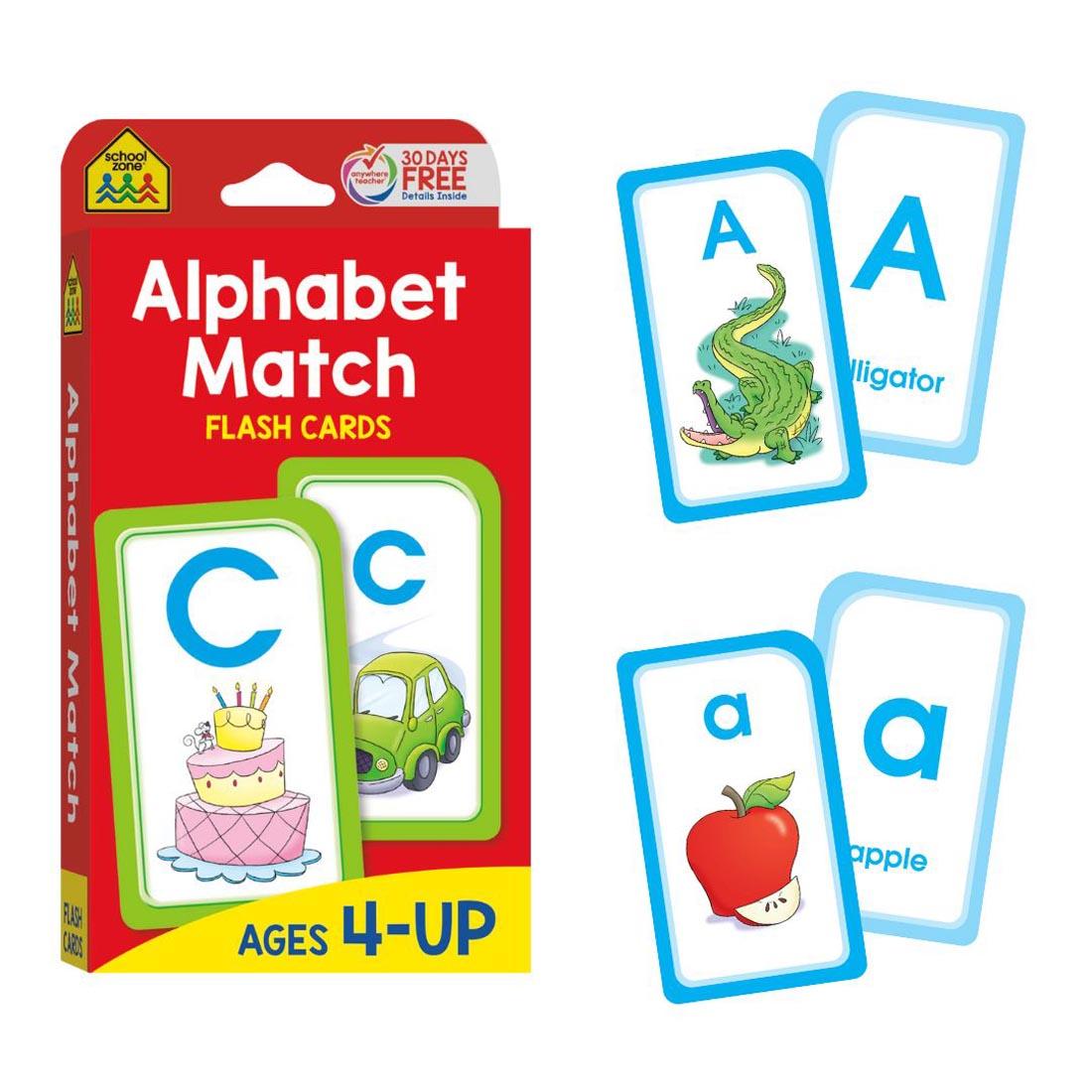 Sample double-sided flash cards beside the package of School Zone Alphabet Match Flash Cards