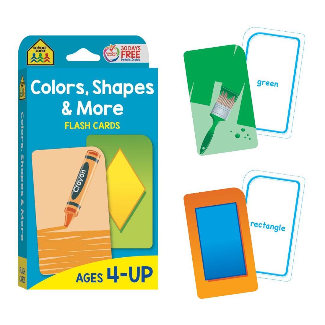 Sample double-sided flash cards beside the package of School Zone Colors, Shapes & More Flash Cards