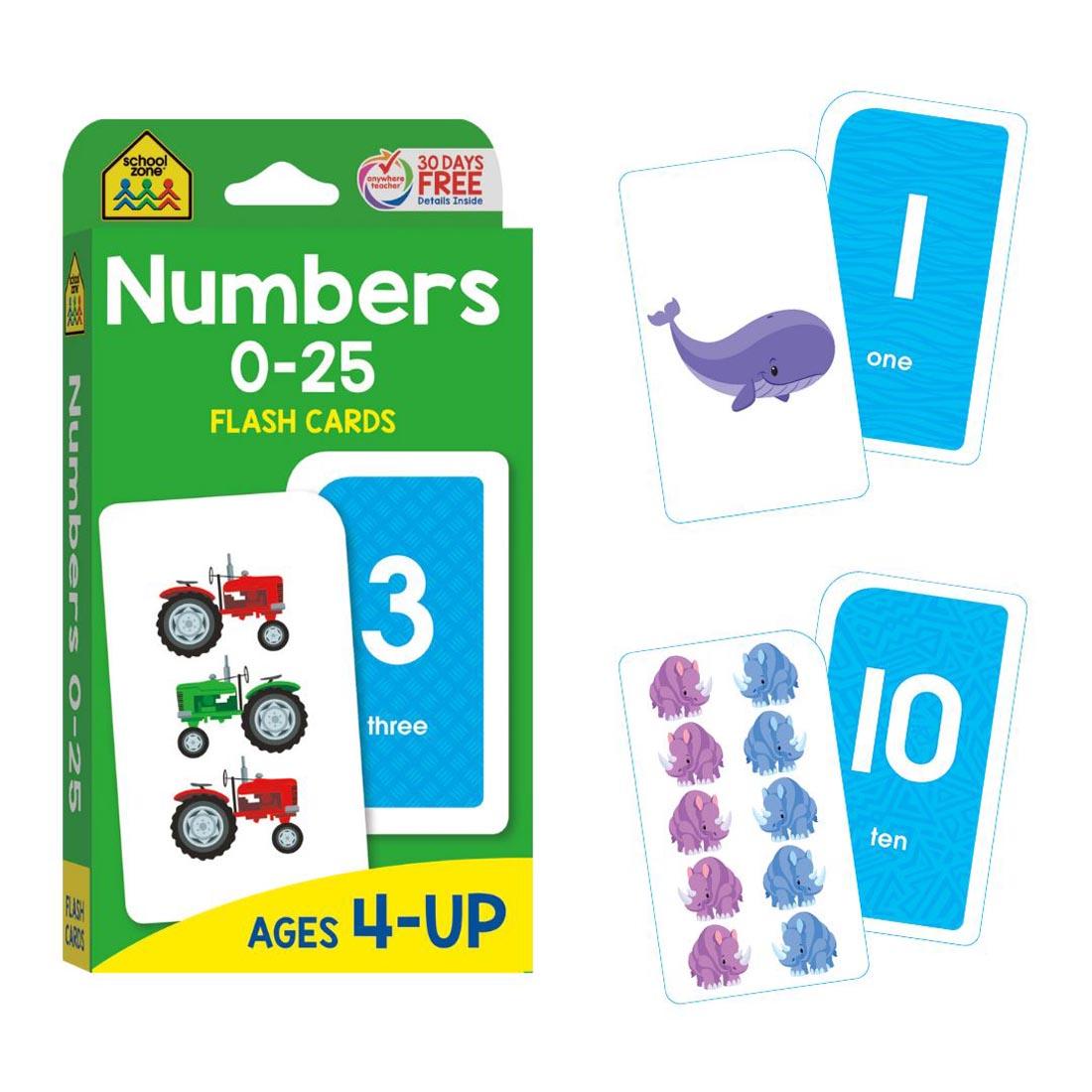 Sample double-sided flash cards beside the package of School Zone Numbers 0-25 Flash Cards