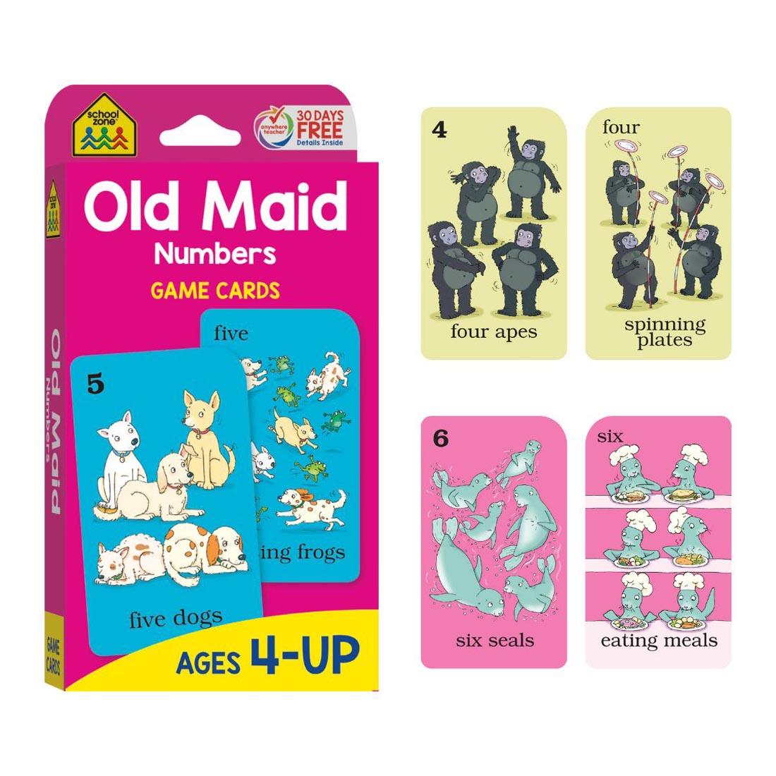 Sample cards beside the package of School Zone Old Maid Numbers Game Cards