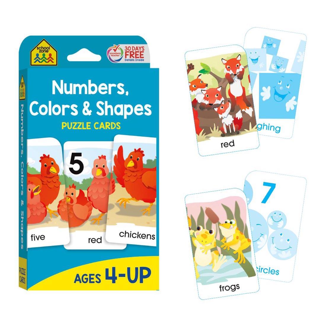 Sample double-sided cards beside the package of School Zone Numbers, Colors & Shapes Puzzle Cards