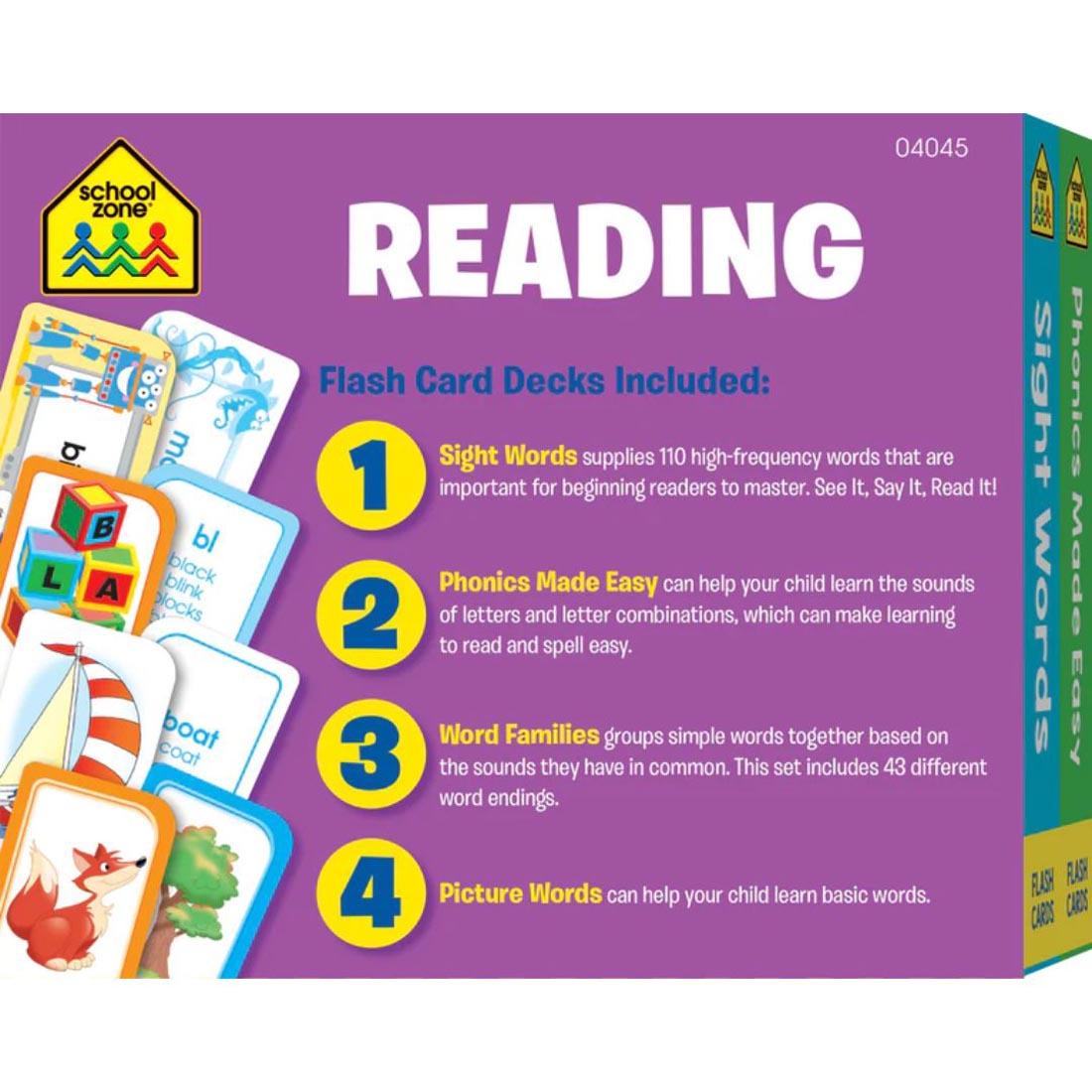 Back package of School Zone Reading Flash Cards 4-Pack