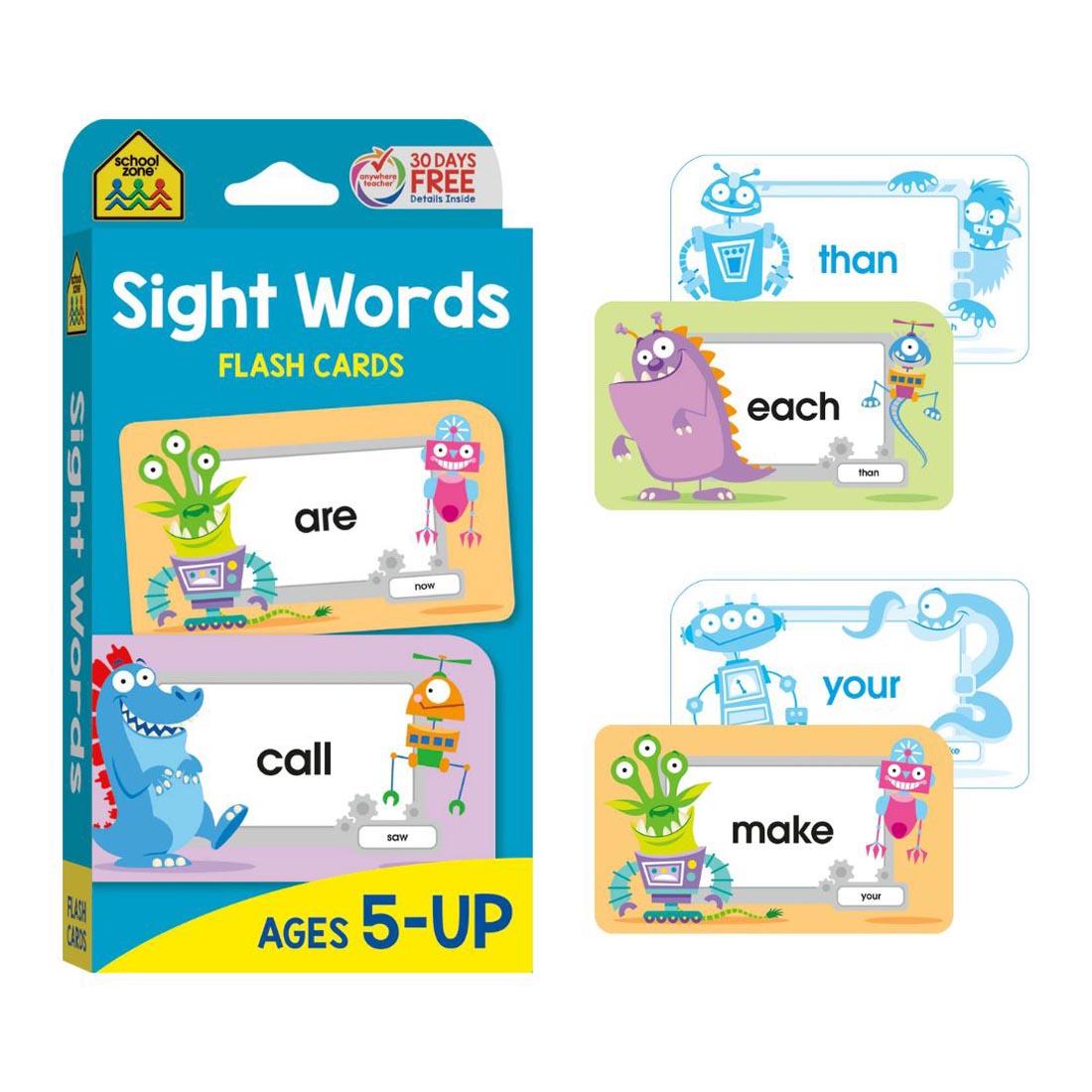 Sample double-sided flash cards beside the package of School Zone Sight Words Flash Cards