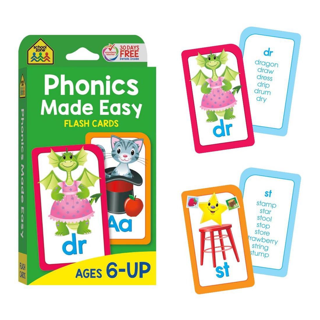 Sample double-sided flash cards beside the package of School Zone Phonics Made Easy Flash Cards