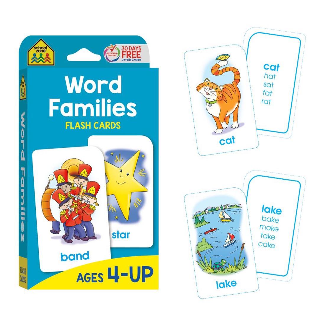 Sample double-sided flash cards beside the package of School Zone Word Families Flash Cards