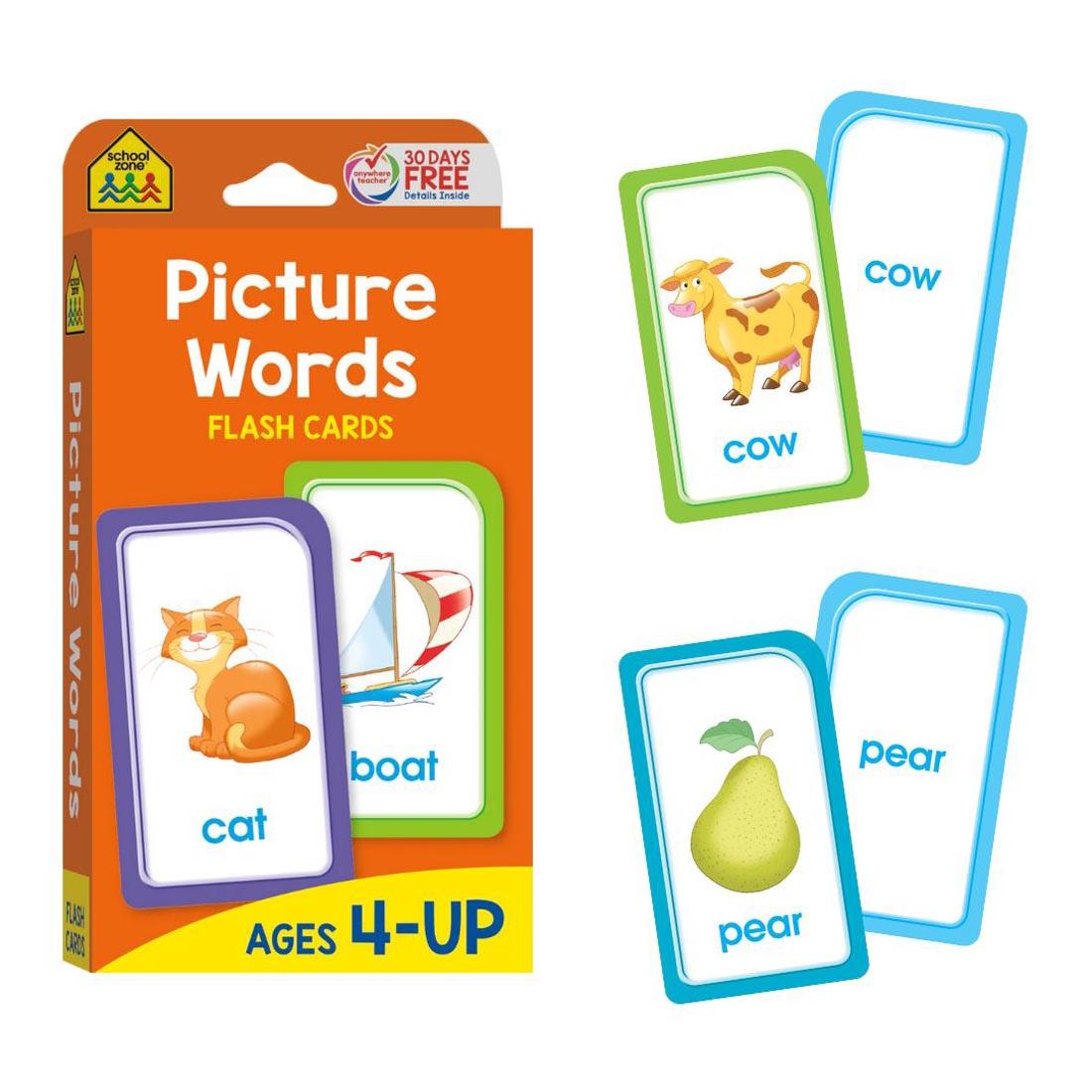 Sample double-sided flash cards beside the package of School Zone Picture Words Flash Cards