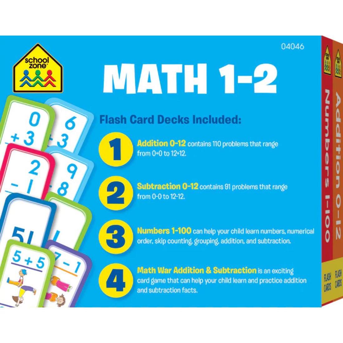 Back package of School Zone Math 1-2 Flash Cards 4-Pack