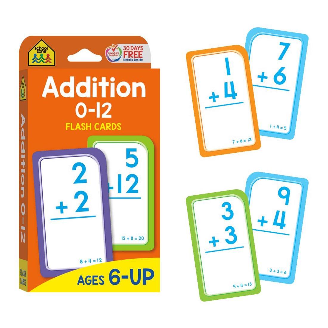 Sample double-sided flash cards beside the package of School Zone Addition 0-12 Flash Cards