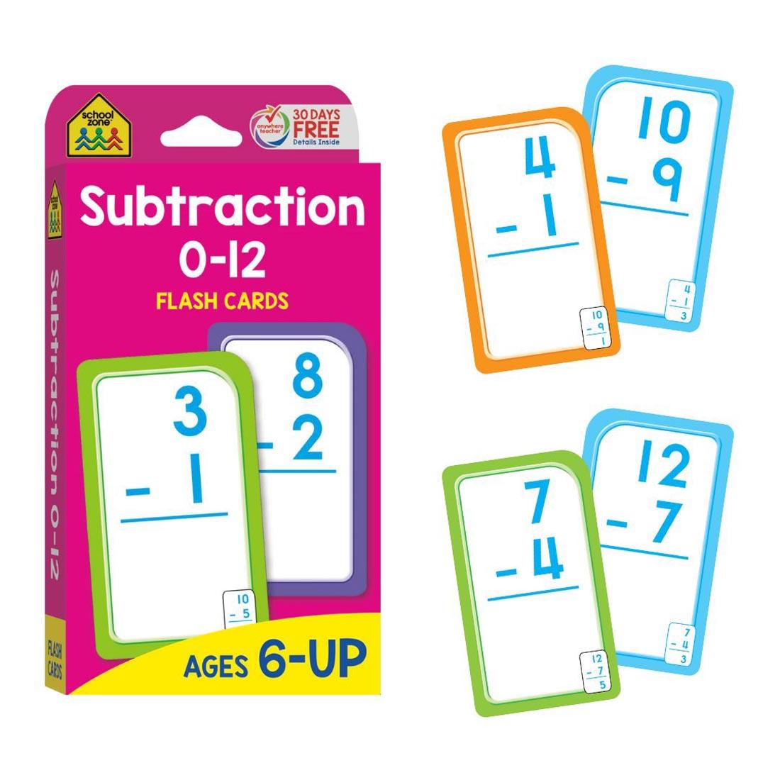 Sample double-sided flash cards beside the package of School Zone Subtraction 0-12 Flash Cards