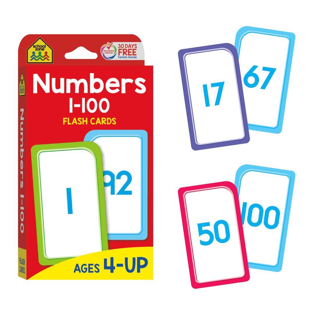 Sample double-sided flash cards beside the package of School Zone Numbers 1-100 Flash Cards