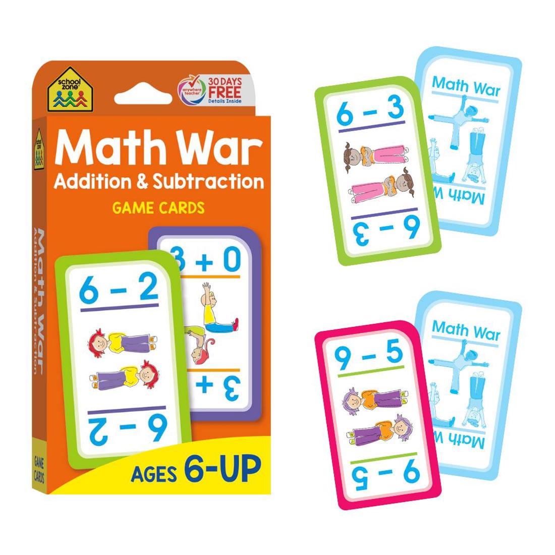 Sample cards beside the package of School Zone Math War: Addition & Subtraction Game Cards