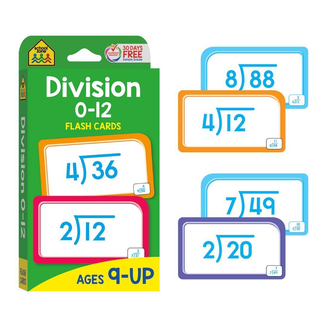 division package and sample cards from the School Zone Math 3-4 Flash Cards 4-Pack