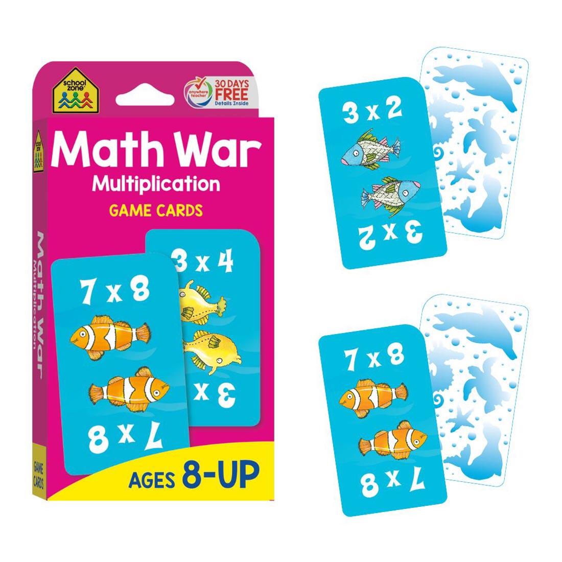 math war game package and sample cards from the School Zone Math 3-4 Flash Cards 4-Pack