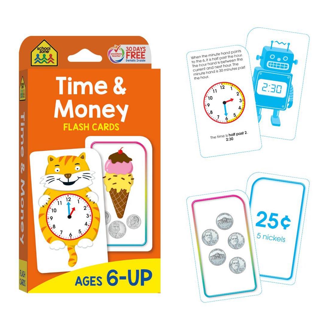 time & money package and sample cards from the School Zone Math 3-4 Flash Cards 4-Pack