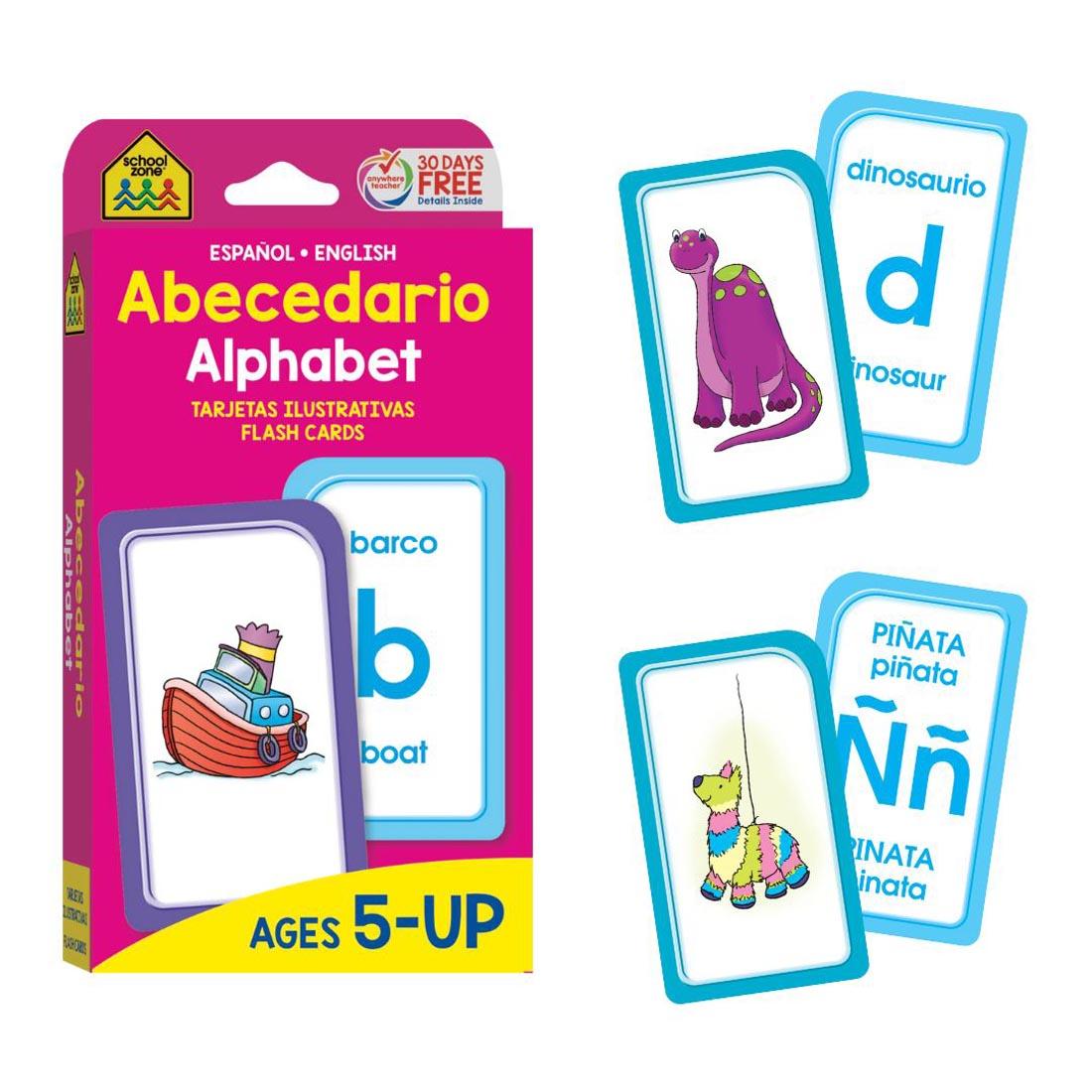 Sample double-sided flash cards beside the package of School Zone Abecedario Alphabet Bilingual English Spanish Flash Cards