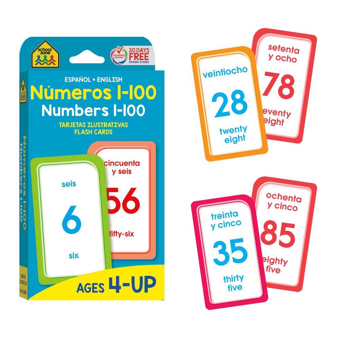 Sample double-sided flash cards beside the package of School Zone Numeros Numbers 1-100 Bilingual English Spanish Flash Cards