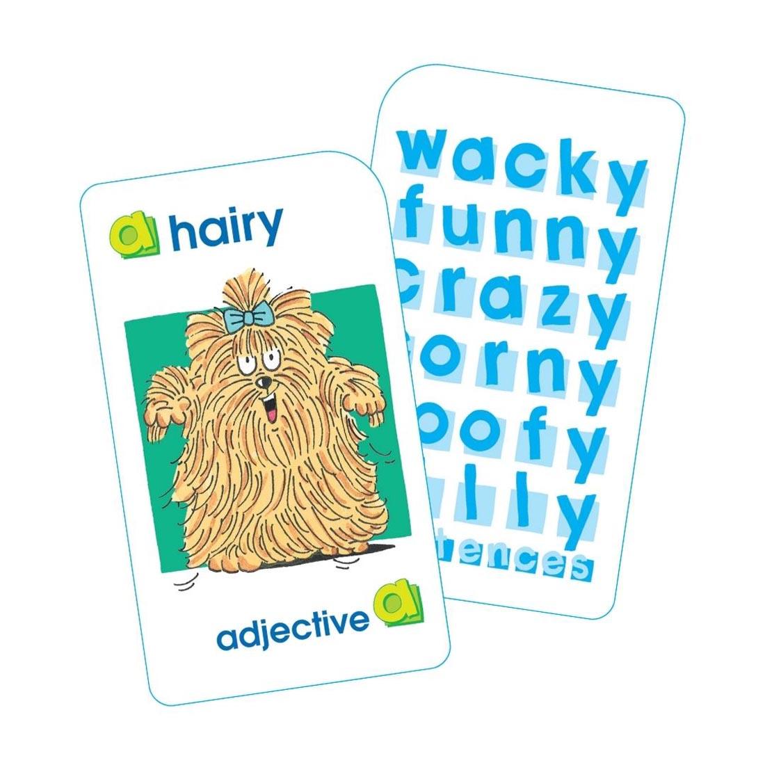 Sample adjective card from School Zone Nouns, Verbs & More Game Cards