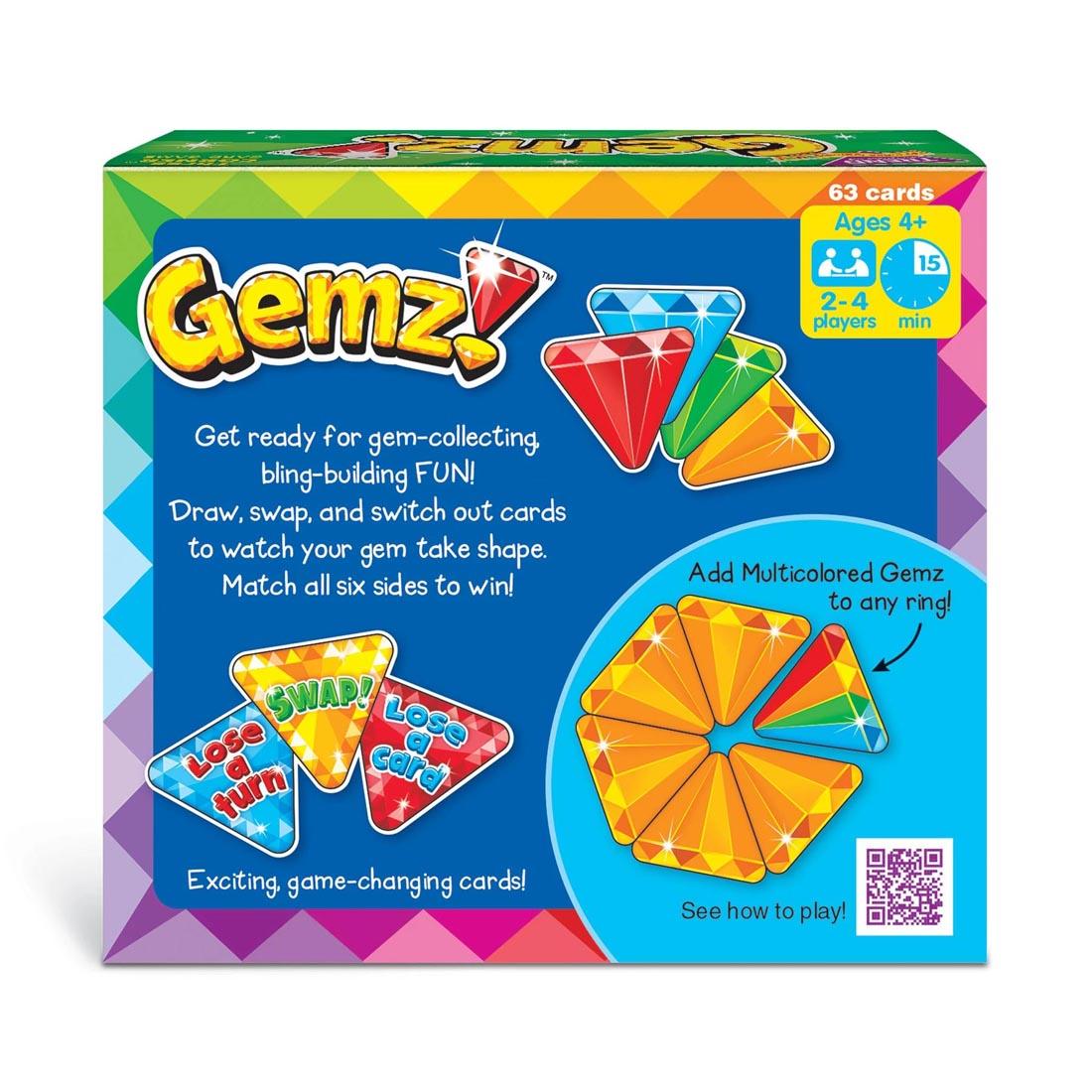 back of package of TREND Gemz! Three Corner Card Game