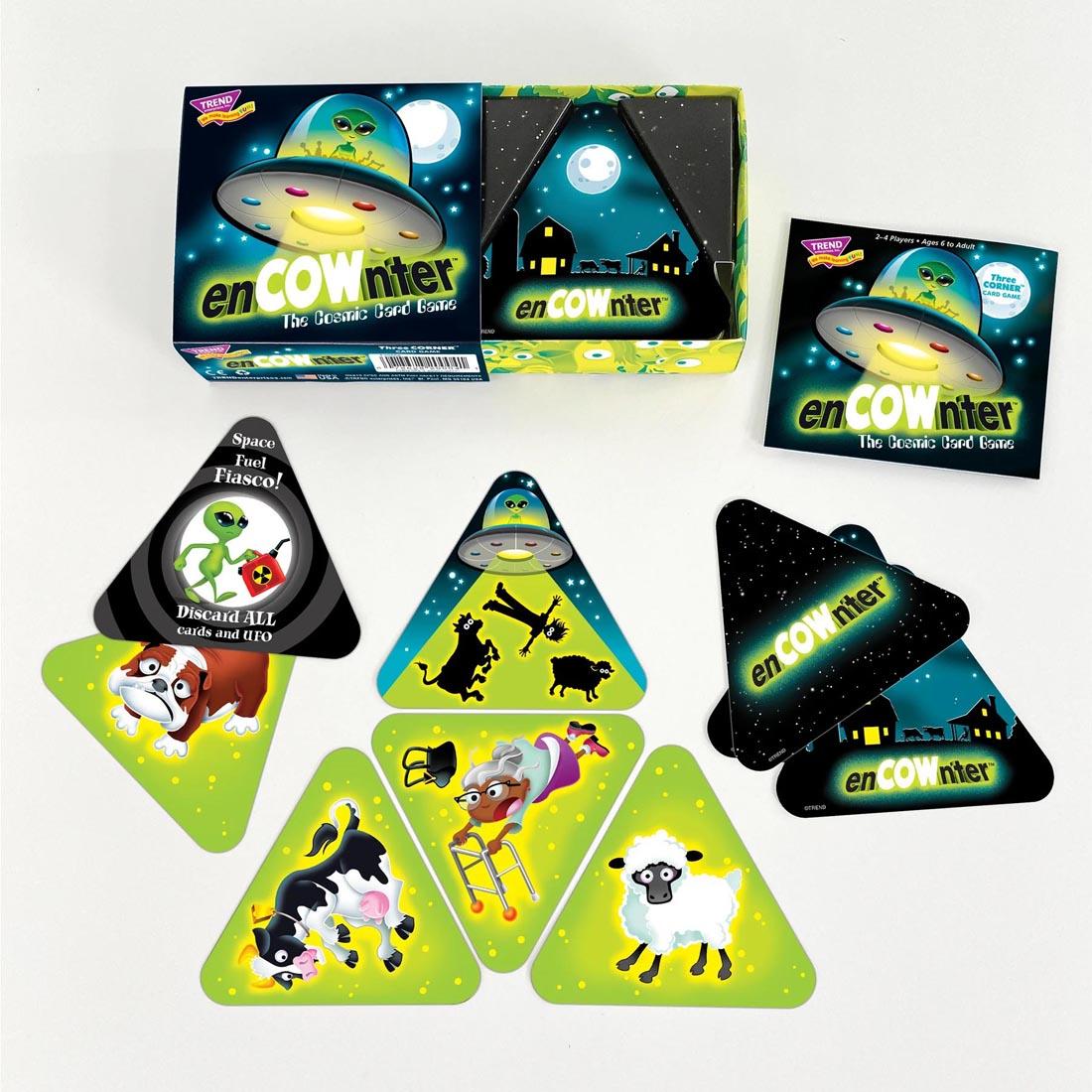 TREND enCOWnter Three Corner Card Game shown in play
