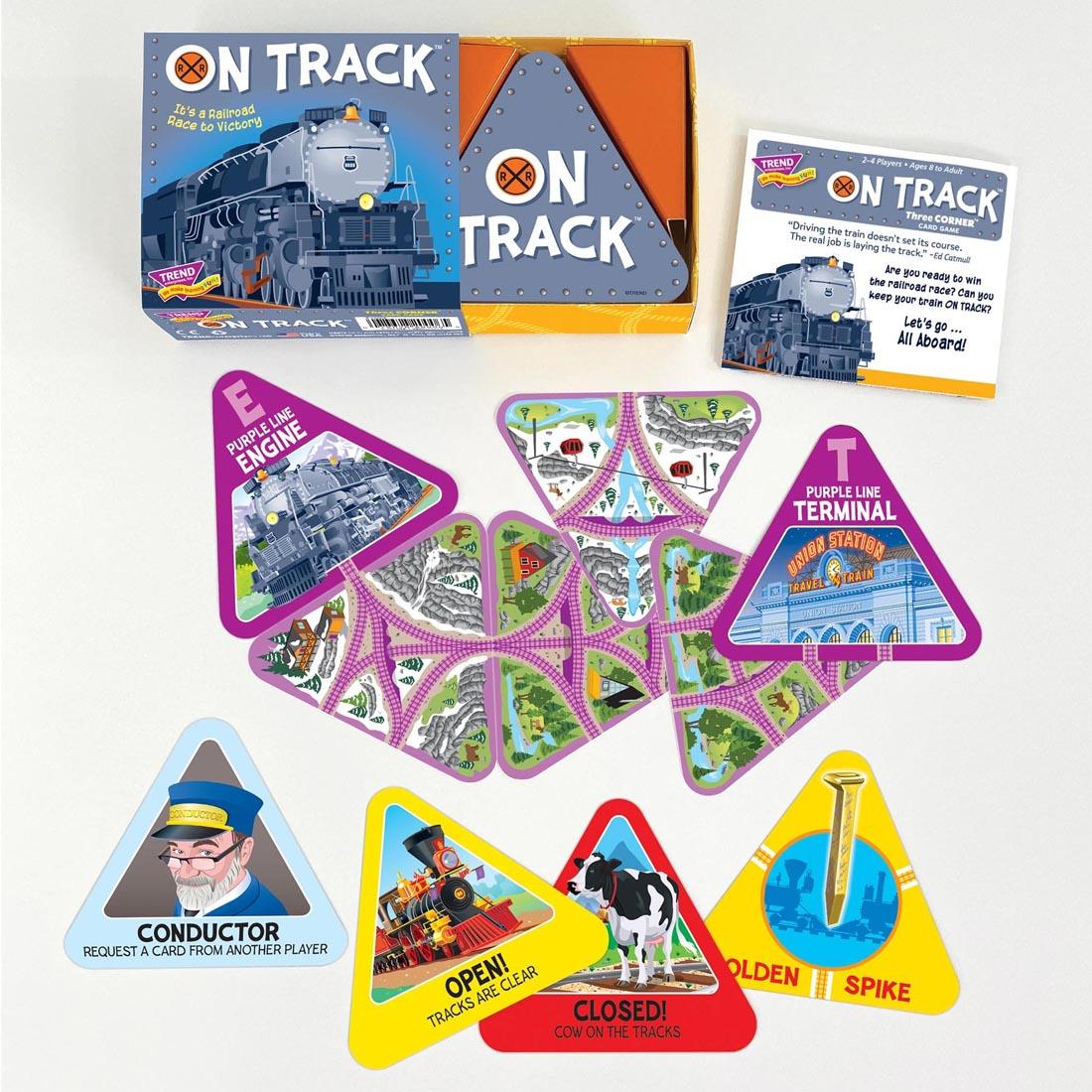 TREND On Track Three Corner Card Game shown in play