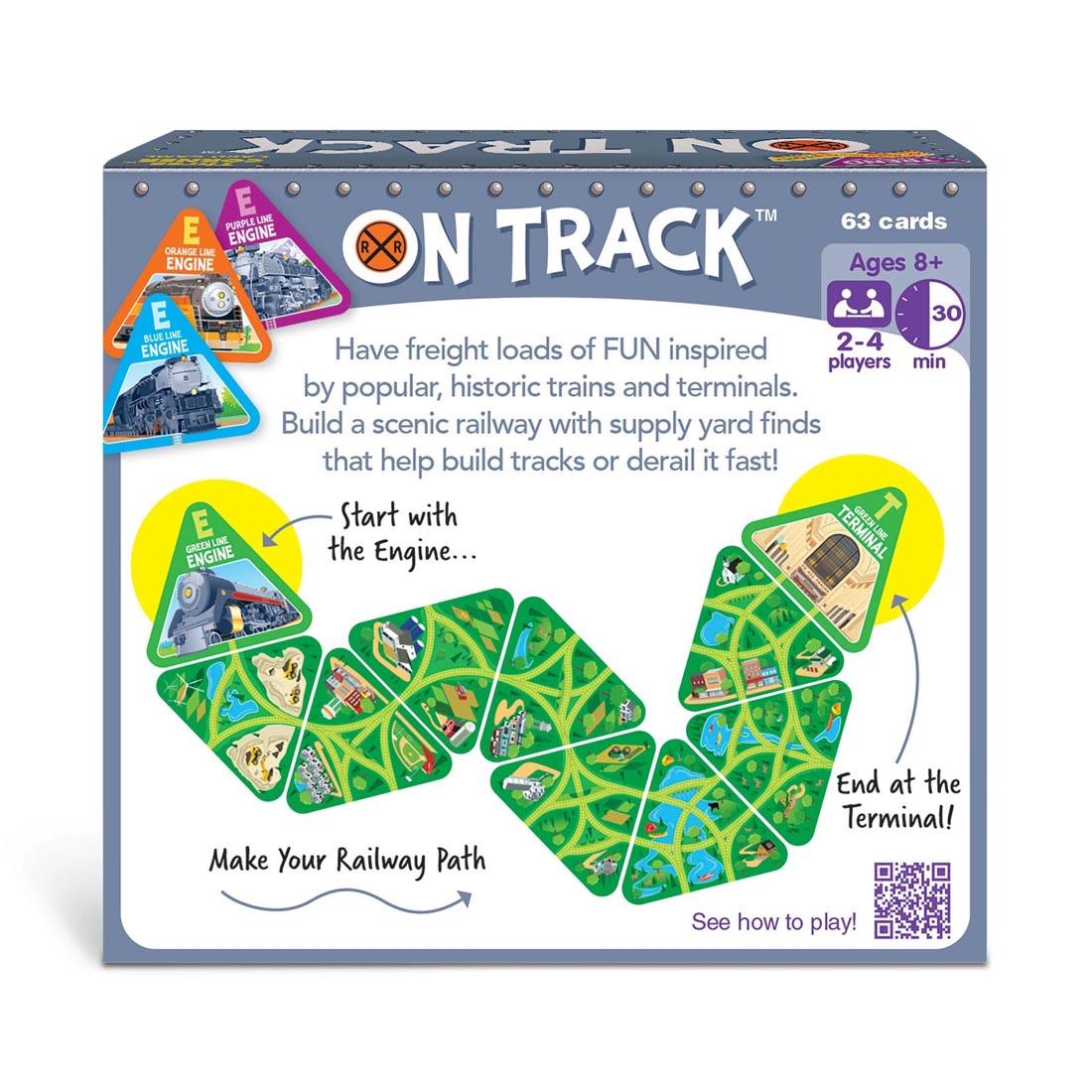 Back of package of TREND On Track Three Corner Card Game