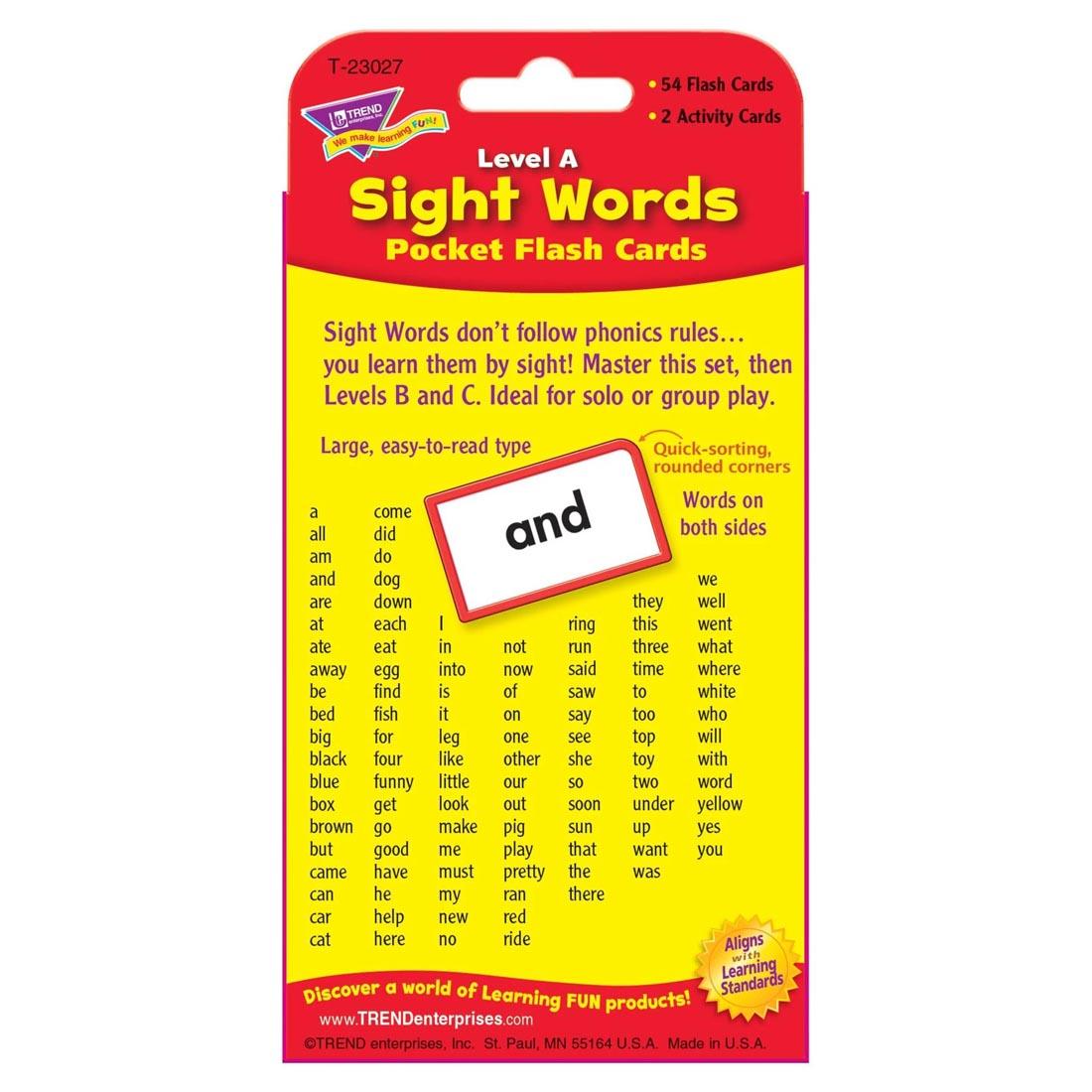 Back of package of TREND Sight Words Pocket Flash Cards Level A